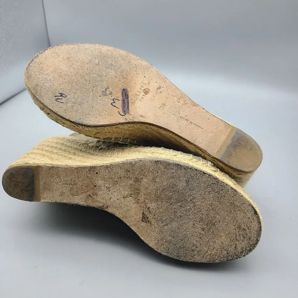CELINE Women Sandals Taupe Leather Open-Toe Espadrille Wedge High Heel Sz 6 36